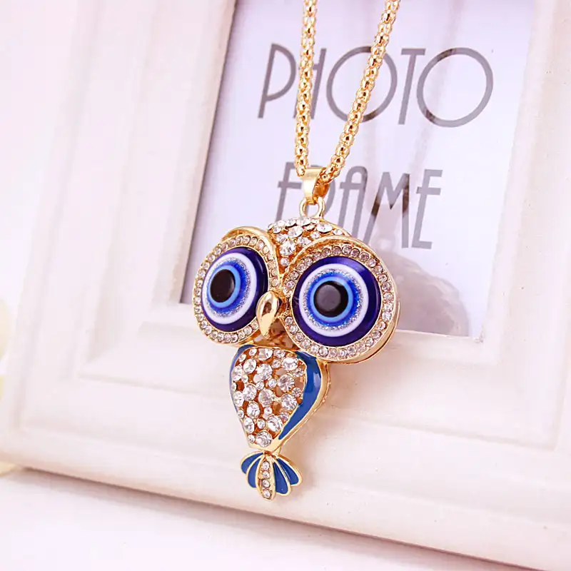Fashion Charms Rhinestone Cute blue Eye Diamond Crystal Big Owl Necklaces&Pendants Sweater Chain Jewelry