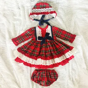 wholesale scottish skirt style baby ruffle dress and bloom pants with head wear set infant girl dress