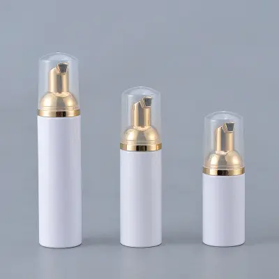 Stock high quality PET 30ml 50ml 80ml 100ml white foam bottle with shinny gold foam pump