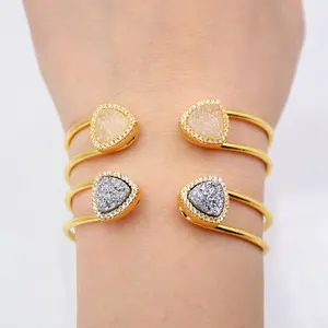 Hot Selling Vintage triangle druzy Stone Open Cuff Bangles Golden Adjustable Sparkling Zircon Charm Bracelets Bangles For Women