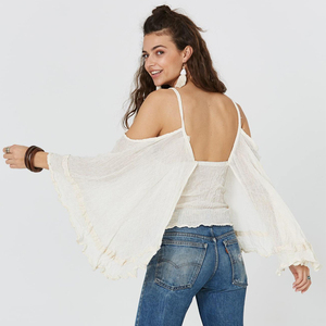 Cold Shoulder butterfly Sleeve <strong>Tops</strong> for Women Boho Chic Ladies Cotton Linen <strong>Top</strong> - Product Image 3