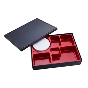 A962 6隔层黑色模拟木纹塑料便当餐盒带盖