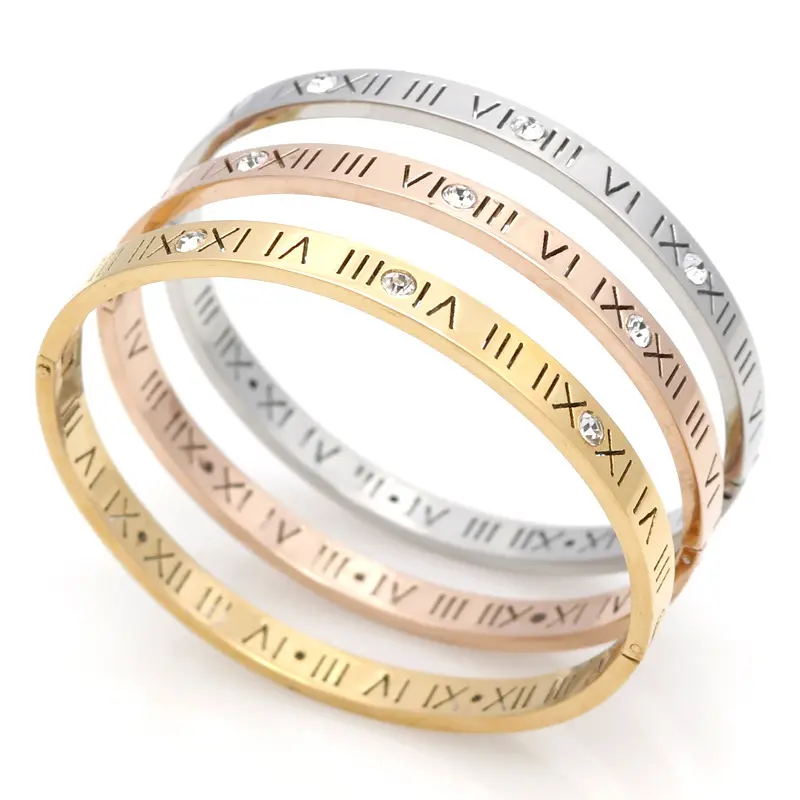 New style titanium steel Roman numeral diamond rose gold bracelet female Roman numeral text zircon lover bracelet