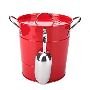 Red Metal Double Walled Ice Bucket Set With Lid And Scoop Powder coated ice bucket