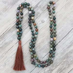 ST0598 Long Tassel Boho Necklaces For Men Green India Agate Knotted Necklace 108 Prayer Beads Mala Necklace Healing Jewelry