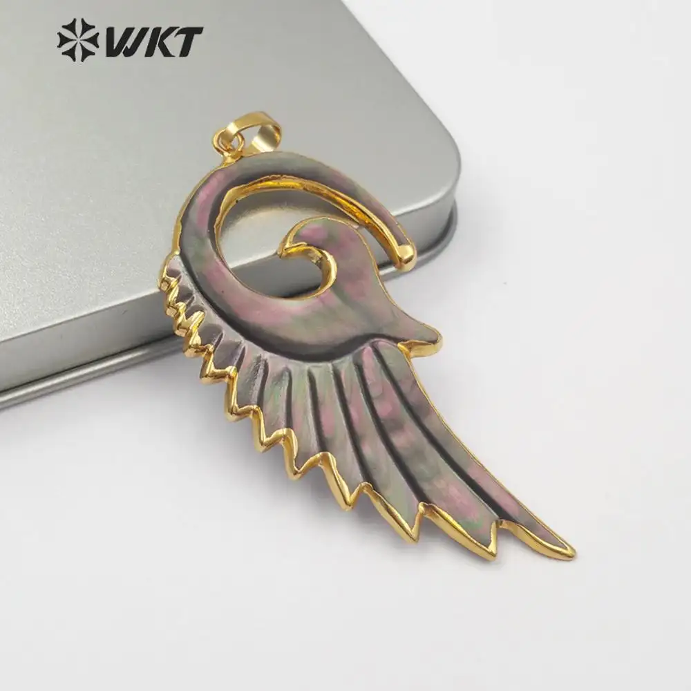 WKT — WT-P905 nouveau style, livraison gratuite Pendentif en plumes de coquillage de mer naturelle, authentique, en plaqué or 18k