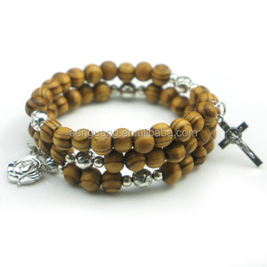 Catholique pin bois et alliage perles prière du rosaire wrap bracelet avec <span class=keywords><strong>rose</strong></span> médaille - Product Image 1