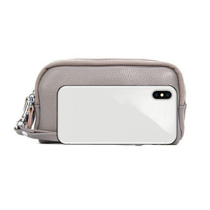 2025 Designer grande pochette en cuir véritable pour femmes doux gris fermeture à glissière sac à main - Product Image 3