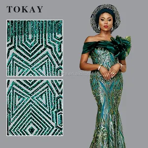 Teal green nigerian glitter tulle lace for bride