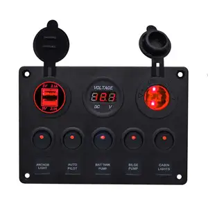 5 Gang Switch Panel Dual USB Port 12V Outlet Combination Waterproof for Car Marine