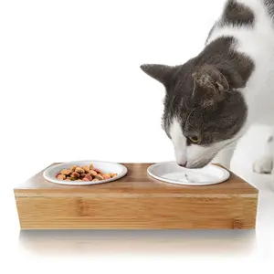 Alimentador de madeira para cachorros, tigela de cerâmica pequena para animais de estimação, bambu com suporte, alimentador, mesa de jantar com gato duplo branco