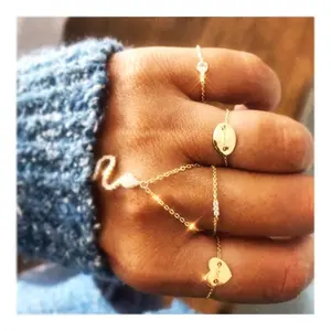 Nieuwe Mode Vlakte Geometrische Tags Ovale Hart Eenvoudige Passen Keten Ring Vergulde Vrouwen Sieraden