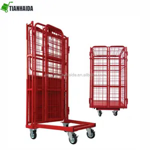 Foldable stahl lagerung folding roll trolley käfig draht mesh roll container roll logistik trolley käfig