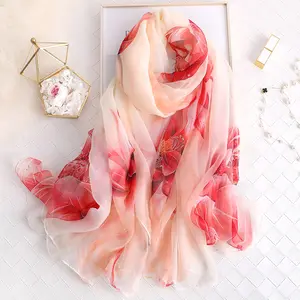 Écharpe hijab en mousseline de soie pour femmes, 2019, longue, douce et fine, à imprimé de fleurs roses, tendance, vente en gros, 190x135cm