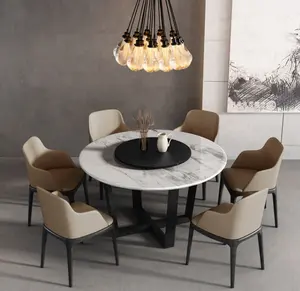 现代豪华餐厅家具大理石桌面实木框架圆形餐桌套装家居家具用餐套装8把椅子