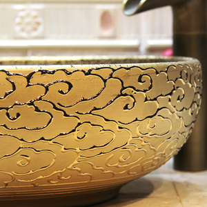 Jingdezhen fabbrica direttamente arte dipinto a mano in ceramica <span class=keywords><strong>lavabo</strong></span> intaglio dorato bagno <span class=keywords><strong>ciotola</strong></span> per Hotel - Product Image 5