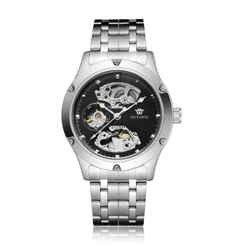 Ouyawei Mannen Horloge 2021 Ronde Rvs Zilver Band Hollow Witte Wijzerplaat Zilveren Bezel Mechanische Horloges Mannen Horloges Hand