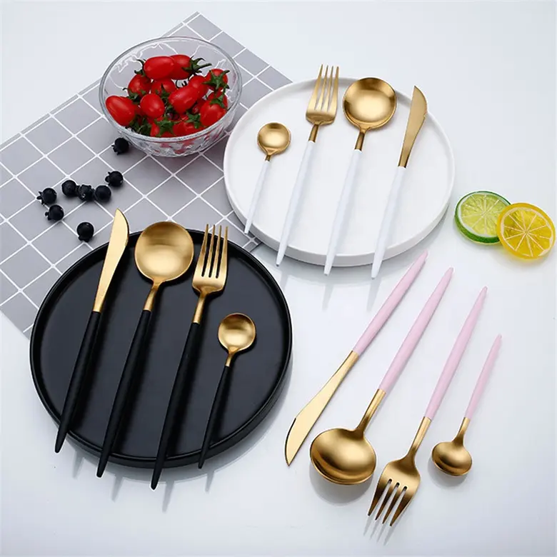 Hete Verkoop 4 Stks/set Wit Goud Europees Mes Serviesgoed 304 Roestvrijstalen Western Bestekset Keuken Voedsel Servies Diner