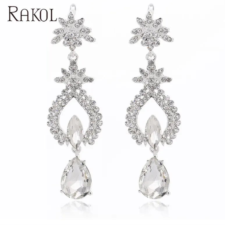 RAKOL AE005 Luxury Crystal Long Bridal Jewellery Designs Rhinestone Earrings AE005