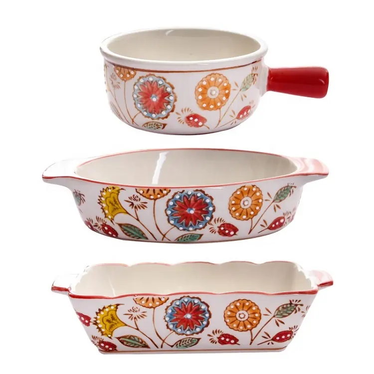 Luxury Dubai Wholesale Market Custom Floral Design Handpainting Ceramic Porcelain Stoneware Dinnerware Bakeware Sets