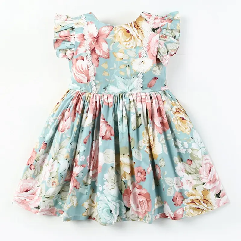 Wholesale Baby Girls Party Dresses Kids Vintage Flutter Sleeve Floral Printed Cotton Dress