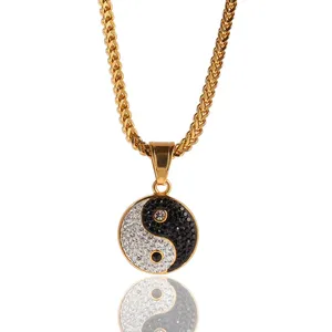 3mm 24" HipHop gold chain bagua yin yang round iced out pendant crystal jewelry necklace