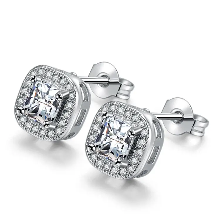 Top quality classical fashionable jewelry 18K white gold plated cz diamond silver color stud earrings for women wholesale E847