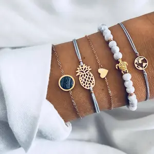 Pulsera de encanto 5 unids/set blanco crema blanca de mapa de corazón de aleación de cuerda pulsera de la joyería para las mujeres