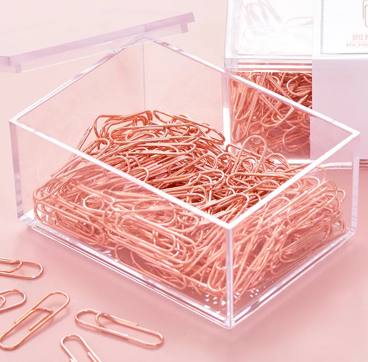 Rose Gold Paper Clips 28mm In Plastic Box, Paper Clip Holder for Office Supplies Desk Organizer