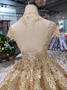 HTL167 de cuello alto mangas vestido de bola de oro aplique plisado vestidos para fiesta de noche - Product Image 4