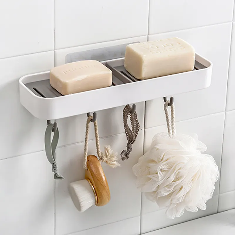 hot sale Taizhou double soap holder plastic box with hooks wall mounted adhesive soap holder bathroom soap dish