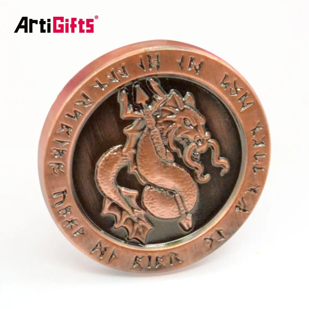 Antique Copper Colorized Stamping Press Metal Feng Shui coin with Chinese Dragon