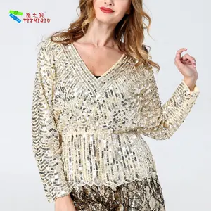 Yizhiqiu 2019 Nieuwe Ontwerp Hot Vrouw Lange Mouwen Wit Sexy Blouse Tops Met Pailletten