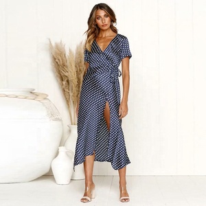 <span class=keywords><strong>Robe</strong></span> midi <span class=keywords><strong>longue</strong></span> à fente haute pour femmes, <span class=keywords><strong>été</strong></span> 2019, <span class=keywords><strong>bleu</strong></span> <span class=keywords><strong>marine</strong></span> à pois - Product Image 2