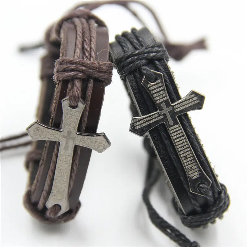 Leather Alloy bracelet Vintage Punk Rock Strap Wristband bracelet FREE SAMPLE Prayer Faith Cross KIB009