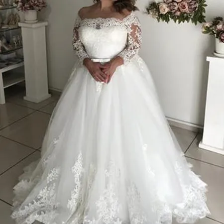 ZH1582Q 2022 Off The Shoulder Plus Size A Line Long Wedding Dresses Floor Length belt Lace Applique Illusion Formal Bridal Gowns