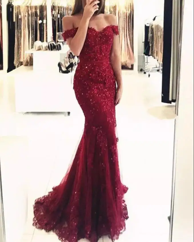 Burgundy Dubai Elegant Off Shoulder Mermaid Lace Evening Prom Dresses