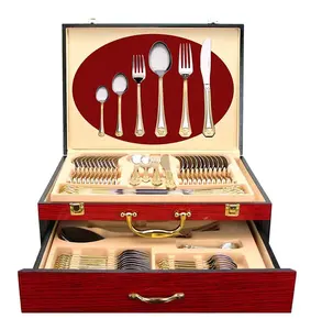 Inox italian flatware 24k gold plated stainless steel silverware, 72pcs cutlery set service for 12, Vintage Gold Flatware