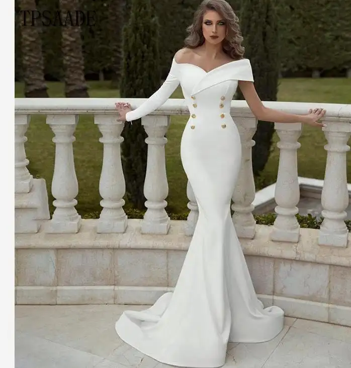 Mode Sexy Weiß Einzigen Langen Hülse Zweireiher Hochzeit Kleid Off Schulter Brautkleid 2020 Vestido de novia