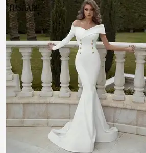 Fashion Sexy White Single Long Sleeve Double Breasted Wedding Dress Off Shoulder Bridal Gown 2020 Vestido de novia