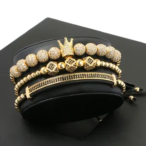 Fashion 18k gold plated cz balls crown beads bracelet , Men Women Macrame Bracelets Copper Beads Adjustable