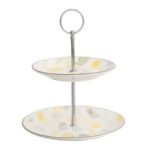 Soporte para tartas de 2 niveles con estampado de frutas y plantas, platos de cerámica para Postres, color blanco