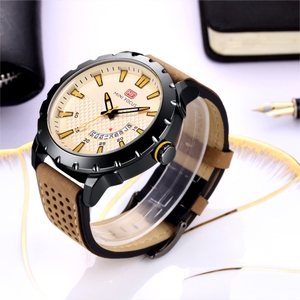 Color Beige cuero banda odm reloj de los hombres de vuelos, con día y fecha movimiento - Product Image 3
