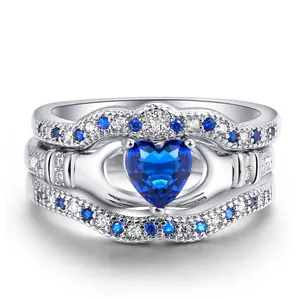 Hot sale engagement women jewelry heart cut blue pave setting cubic zircon 18k white gold wedding ring sets for girls R615