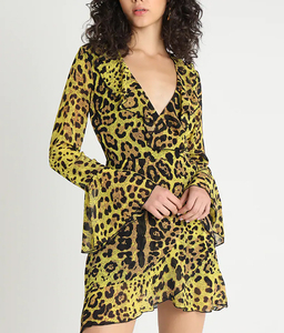 Las mujeres con cuello en V profundo manga <span class=keywords><strong>vestido</strong></span> estampado de <span class=keywords><strong>leopardo</strong></span> - Product Image 1