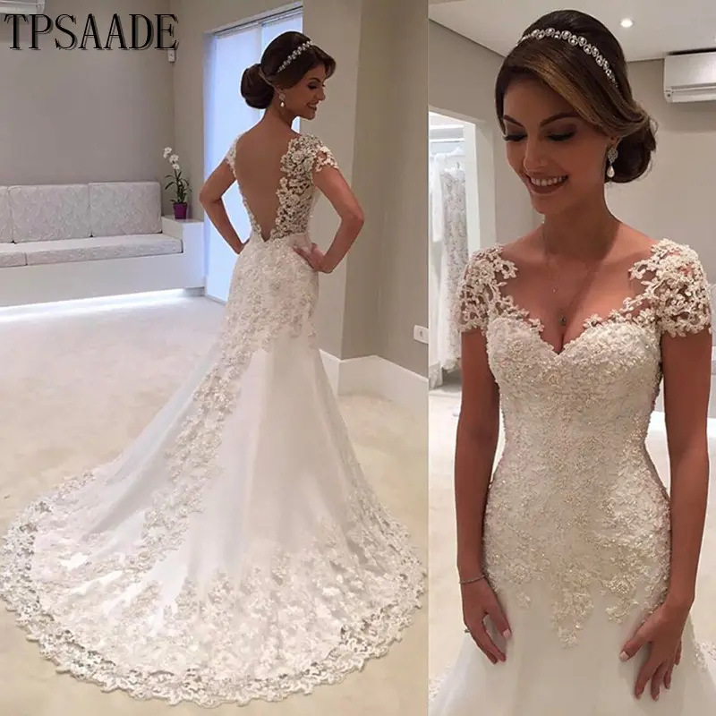 Wholesale Lace Appliques Beaded Sequin Bridal Gown Vestido de novia Short Sleeve V Backless Wedding Dress 2020