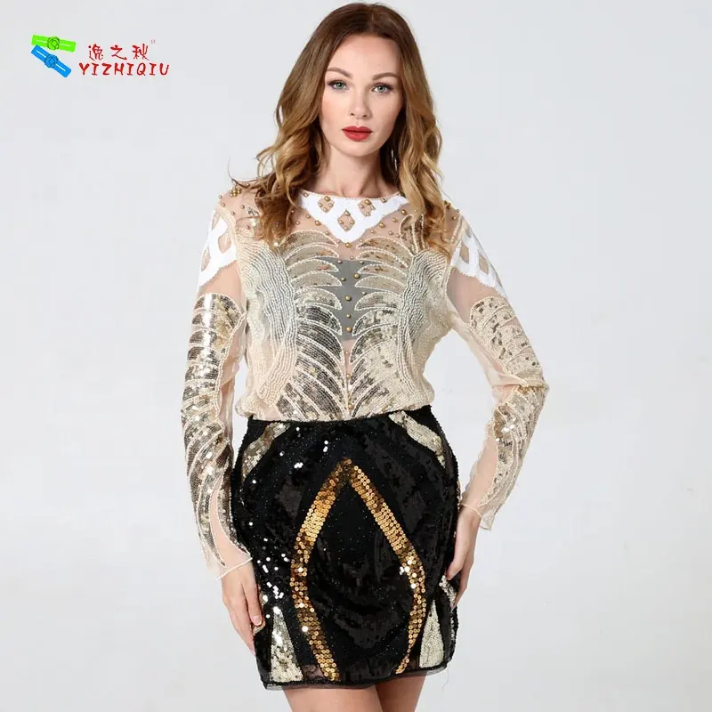 YIZHIQIU women clothing wholesale sequined elegant design skirts and blouse and tops
