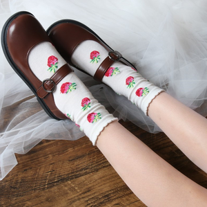Chaussettes pour filles adolescentes, style rétro japonais, motif fraise, <span class=keywords><strong>tube</strong></span>, mignonnes, amples, à côtes, à dentelle, pour femmes - Product Image 3
