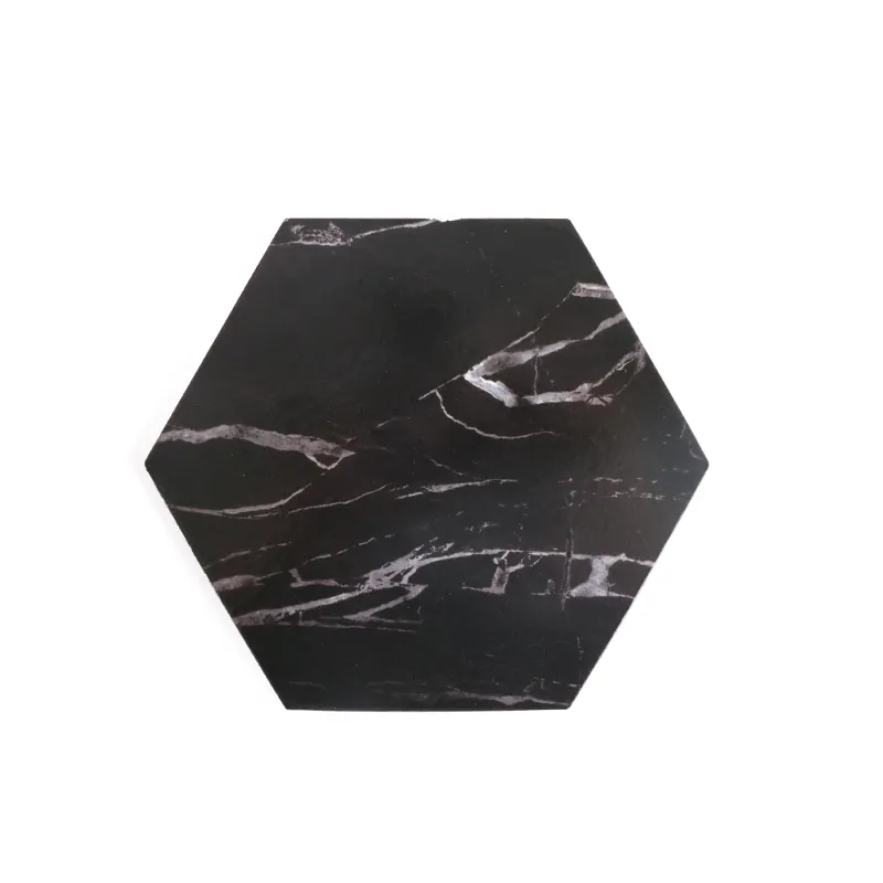 Großhandel Stock Tabletex New Design Sechseck MDF-Papier Gedruckt schwarz Marmor Untersetzer Cork Backed Cup Mat