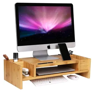 Suporte do monitor 2-tier de bambu, com organizador de armazenamento ajustável, suporte de impressora, celular e tv